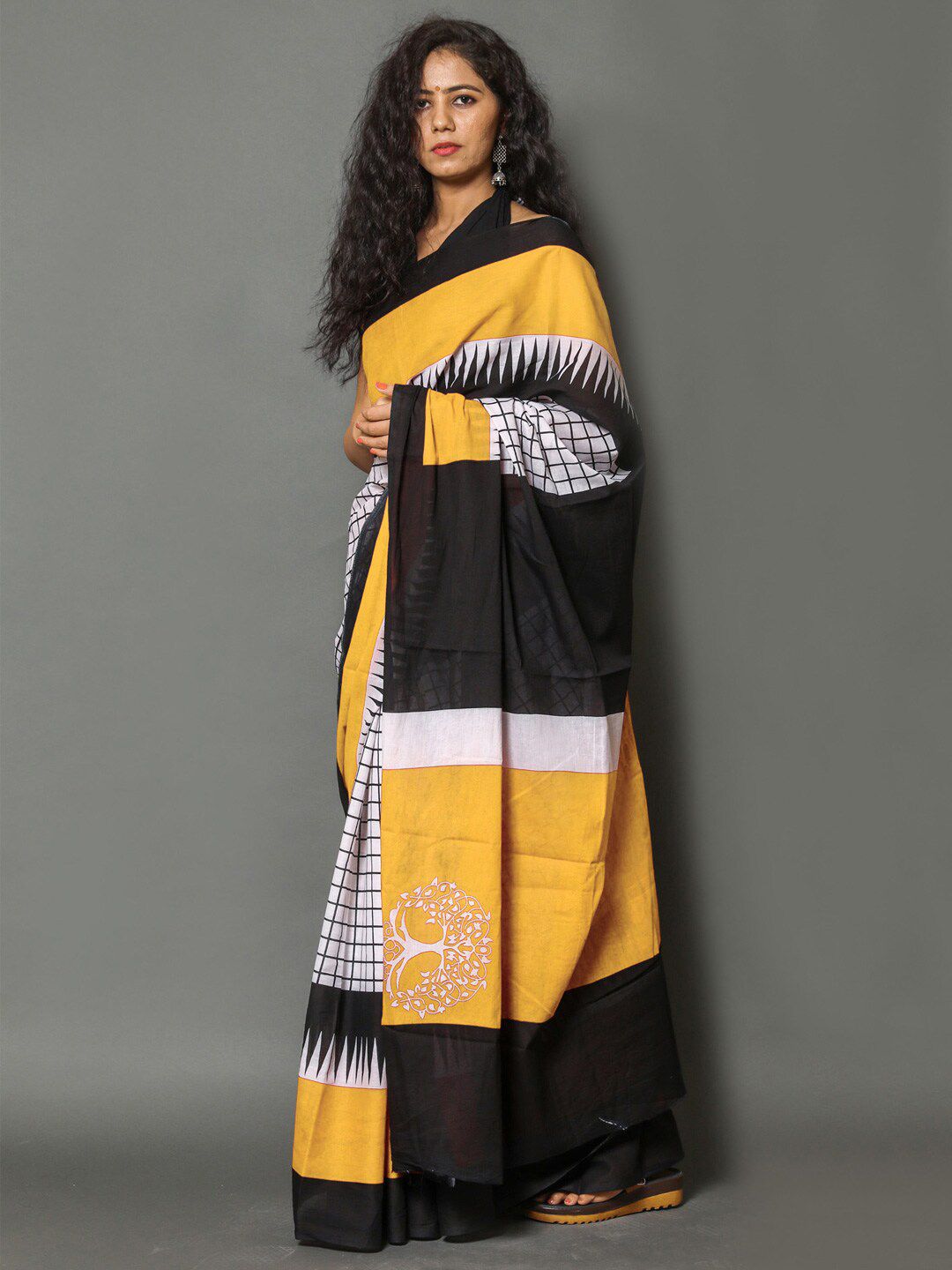 Stylish Yellow, Black and White Printed Saree view 3